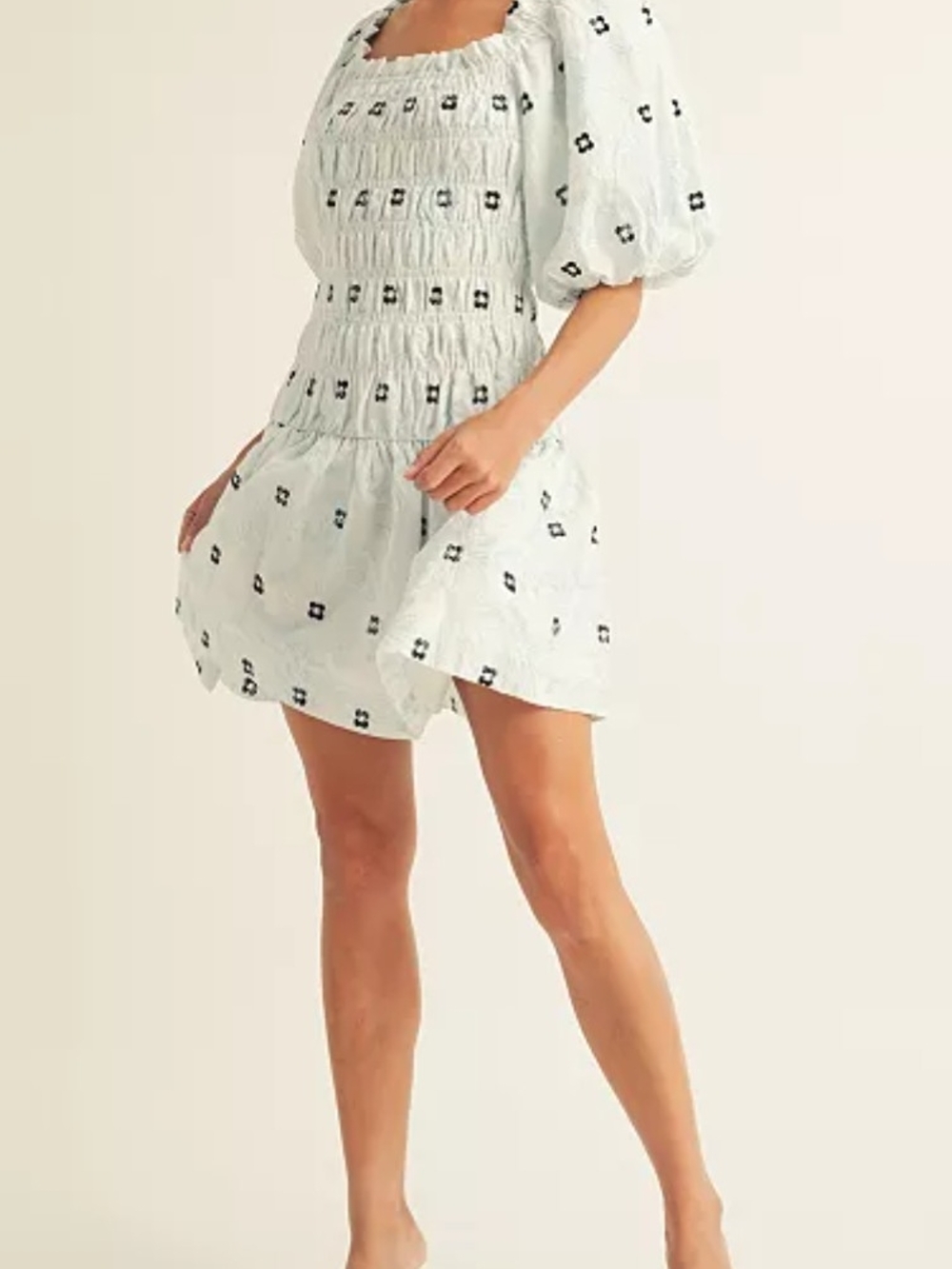 Arose Studio White Puff Sleeve Mini Dress with Blue Floral Embroidery NWT
